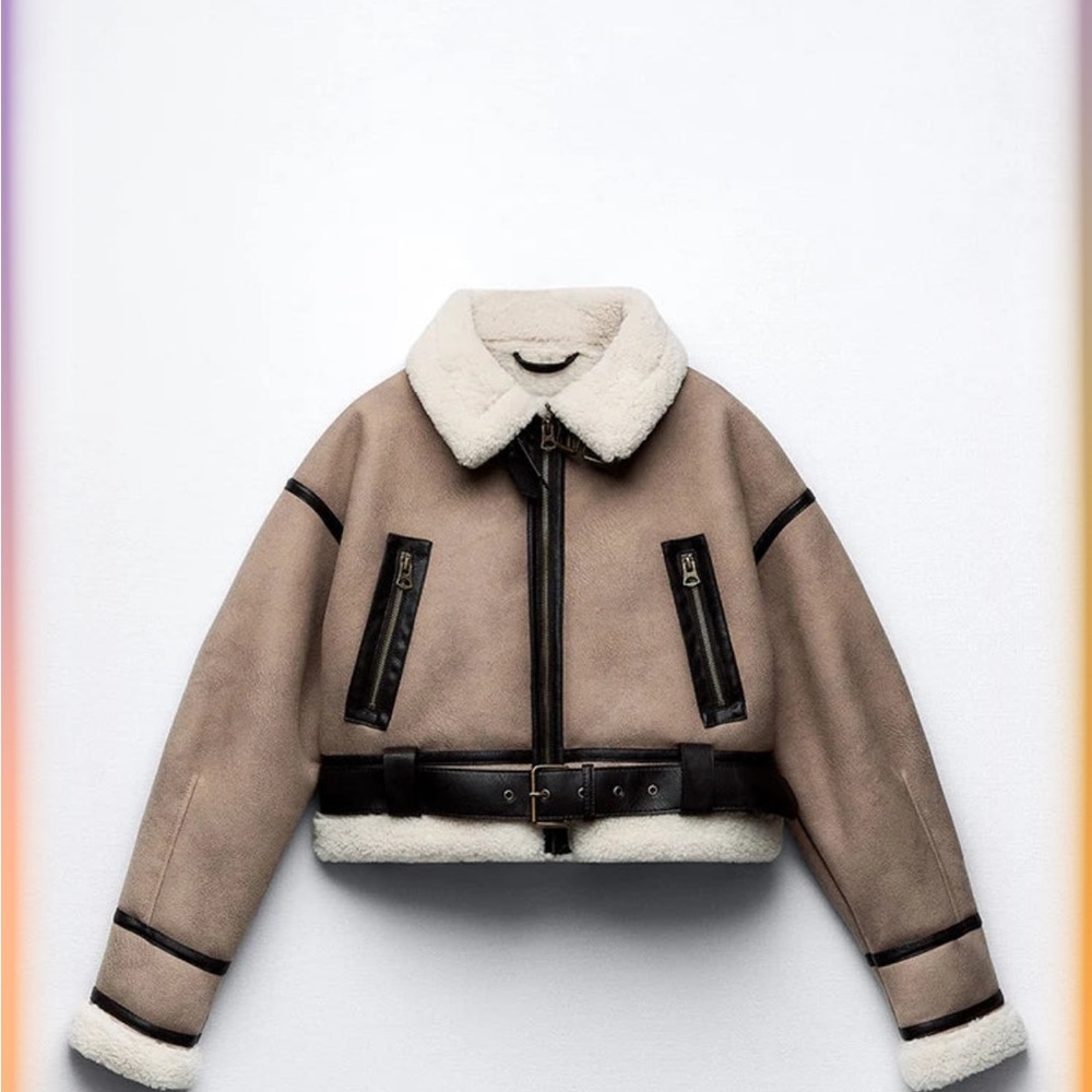 Zara Women's Beige Teddy Jacket with Black Accents